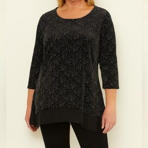 Notations Black velvet and Silver glitter Patterned holiday party Blouse size S
